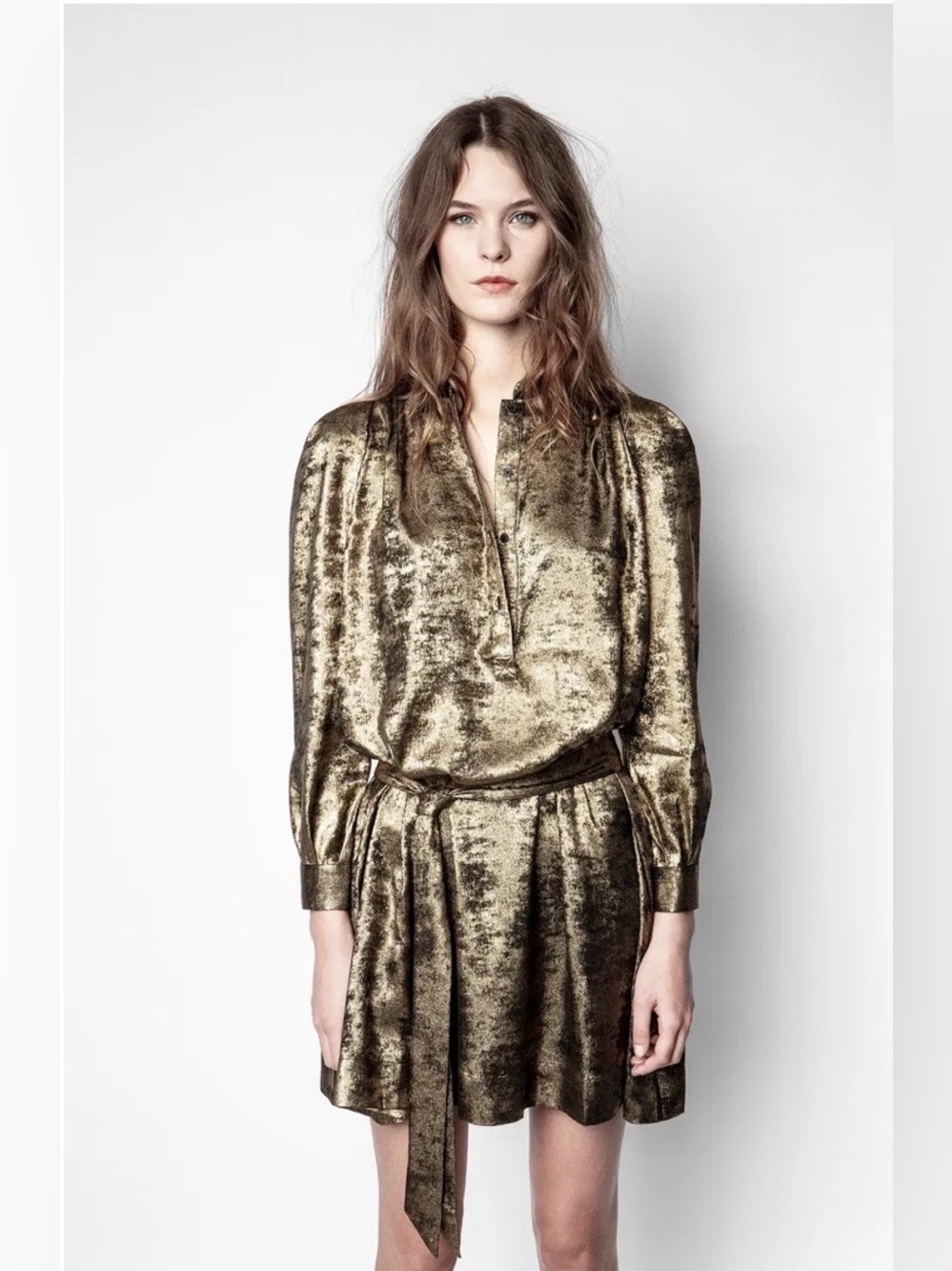 Zadig & Voltaire metallic retouch dress w rouched back and tie waist size XS